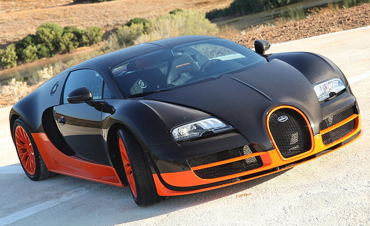 black and orange Bugatti Veyron coupe, car, supercar, wallpapers, HD wallpaper