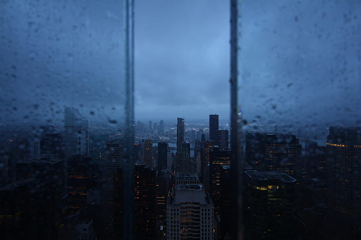 night city, window, rain, skyscrapers, aerial view