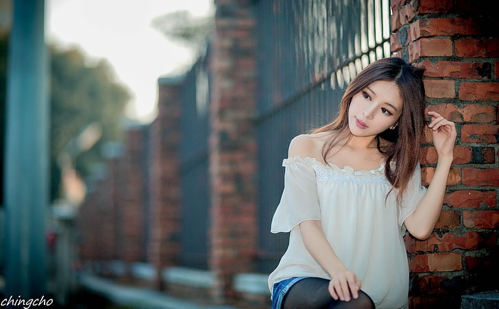 Beautiful Asian Girl, women's white off-shoulder shirt, Girls