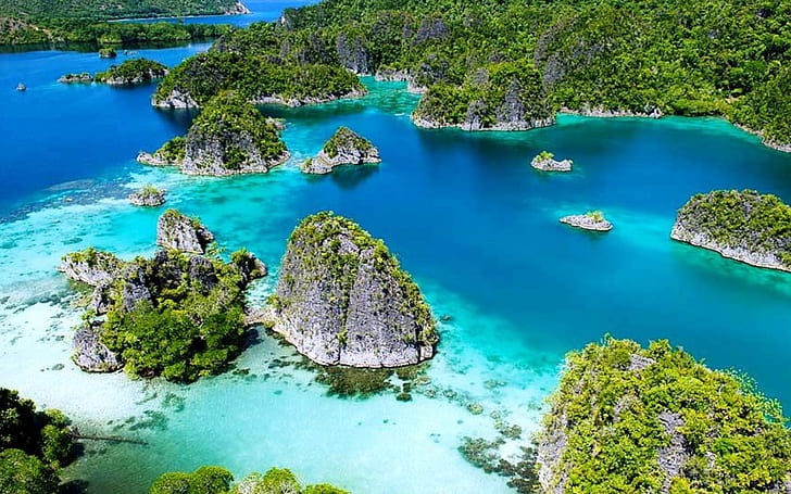 Raja Ampat, Indonesia Tropical Islands With Green Vegetation, Forest Blue Ocean Clear Transparent Water Wallpaper Hd High Contrast, HD wallpaper