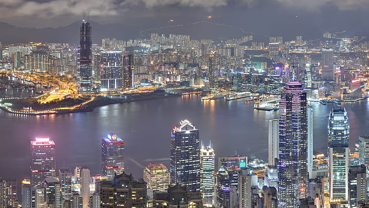 Hong Kong Buildings Skyscrapers Night HD, lighted cityscape, HD wallpaper