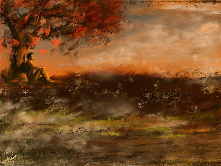 painting of man sitting by a tree during golden hour, sadness