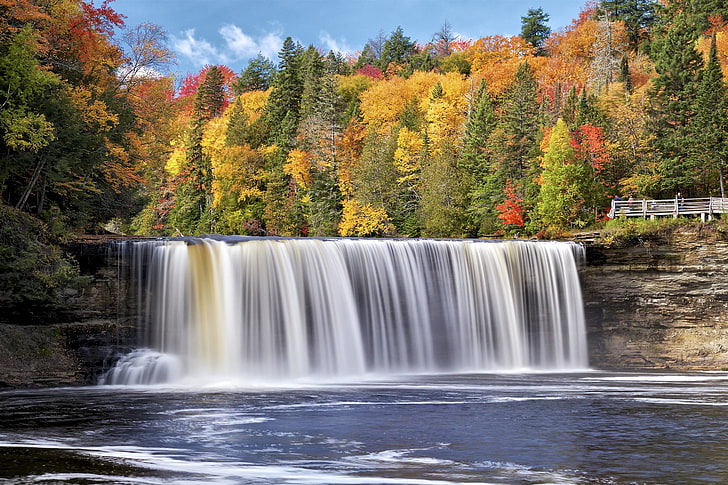 autumn, forest, trees, river, waterfall, Michigan, Tahquamenon Falls State Park, HD wallpaper