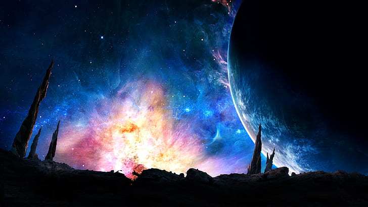 fantasy art, sky, galaxy, planet, surface, darkness, fantasy landscape, HD wallpaper
