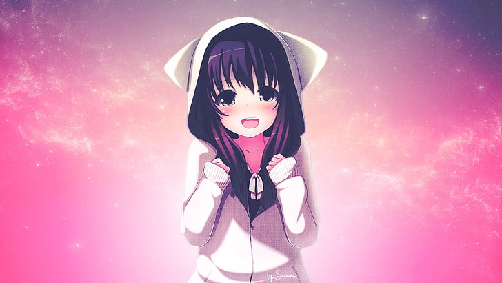 female anime character wearing pullover hoodie digital wallpaper