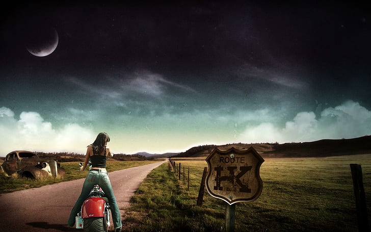 Girl With Motorcycle, landscape, view, nature, colors, harley, HD wallpaper
