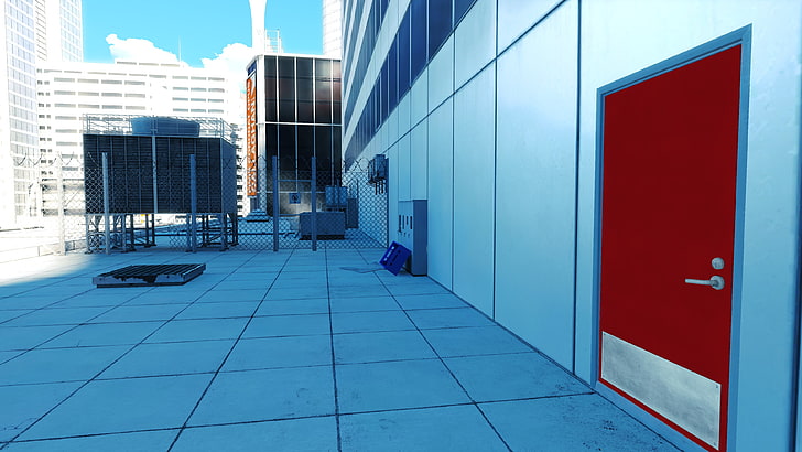 closed red door on rooftop, Mirror's Edge, video games, built structure
