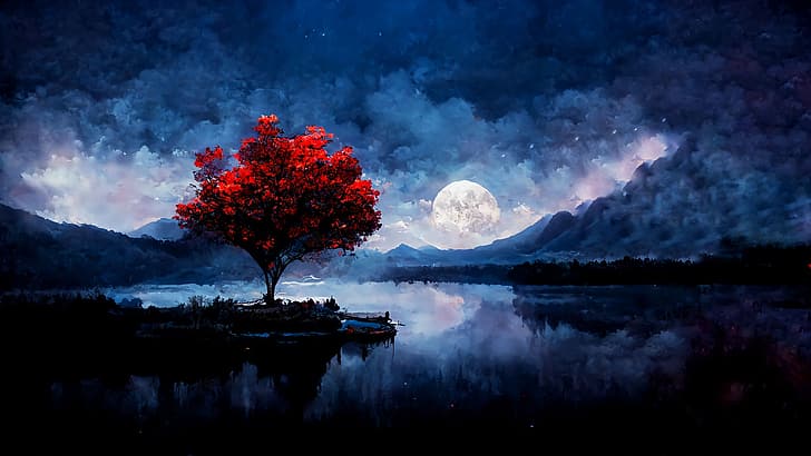 red trees, night, full moon, landscape, matte painting, ArtStation