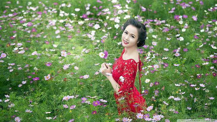 women, Asian, plant, one person, flower, young adult, smiling, HD wallpaper