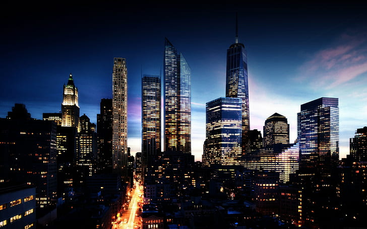 city, lights, street light, New York City, Manhattan