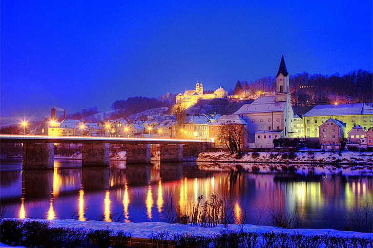 Passau, Bavaria, buildings, city, bridge, evening, light, river