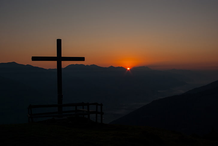 cross, mountains, dawn, religion, faith, sky, belief, sunset