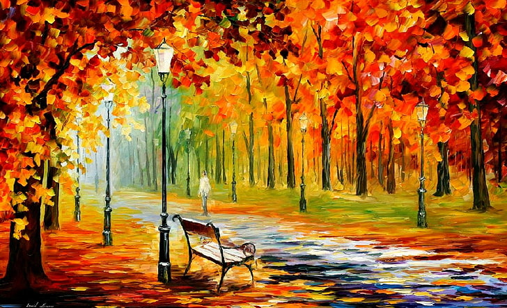 Leonid Afremov, man standing near trees and bench painting, Art And Creative