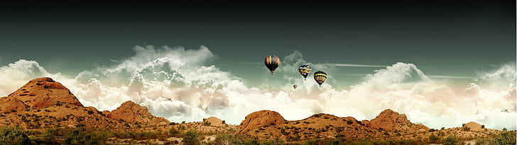 hot air balloons, clouds, dual monitors, landscape, desert