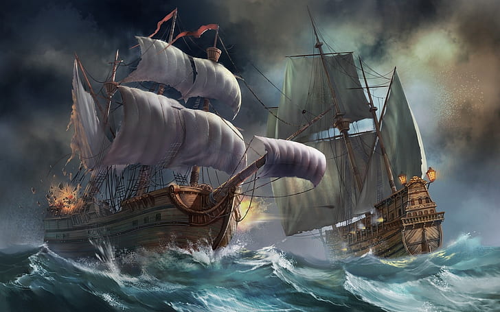 ocean ships battles sail ship Nature Oceans HD Art, HD wallpaper