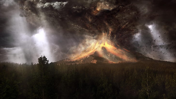 Volcano Erupting under Burning Skies HD, sky, HD wallpaper