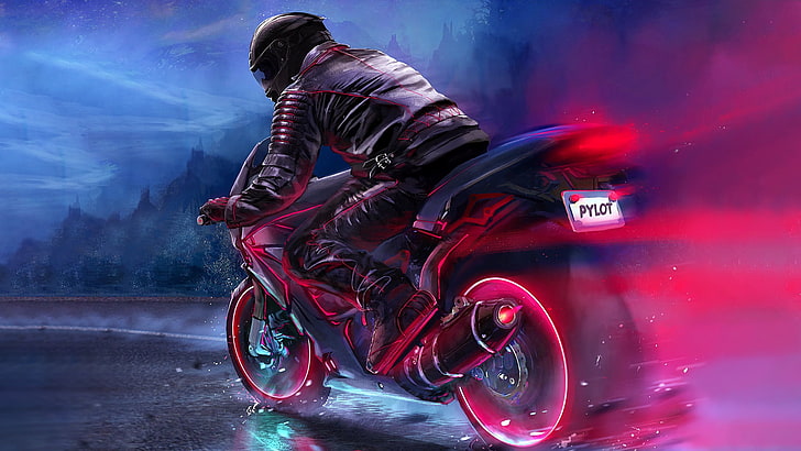 black and red sports bike, digital art, motorcycle, pilot, fantasy art, HD wallpaper