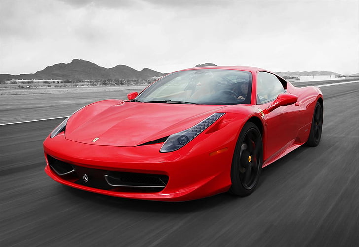 red sports car, Ferrari, Ferrari 458, selective coloring, red cars