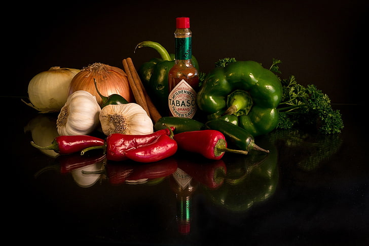 Tabasco bottle, vegetables, onions, garlic, sauce, pepper, greens, HD wallpaper
