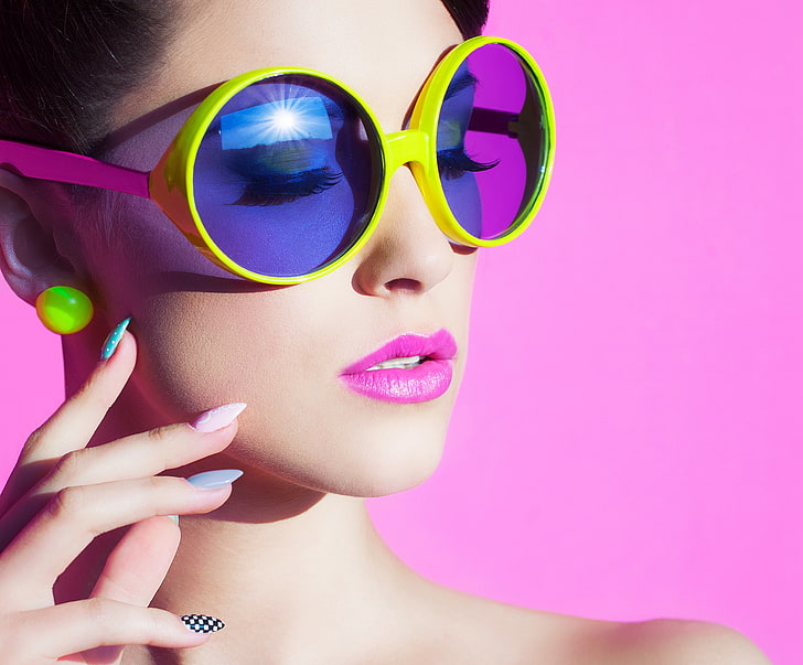 HD wallpaper: women's pink and yellow framed sunglasses, girl, face,  eyelashes | Wallpaper Flare