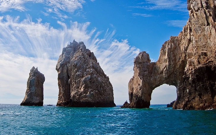 rock formation at the sea, arch, cliff, island, beach, Mexico, HD wallpaper