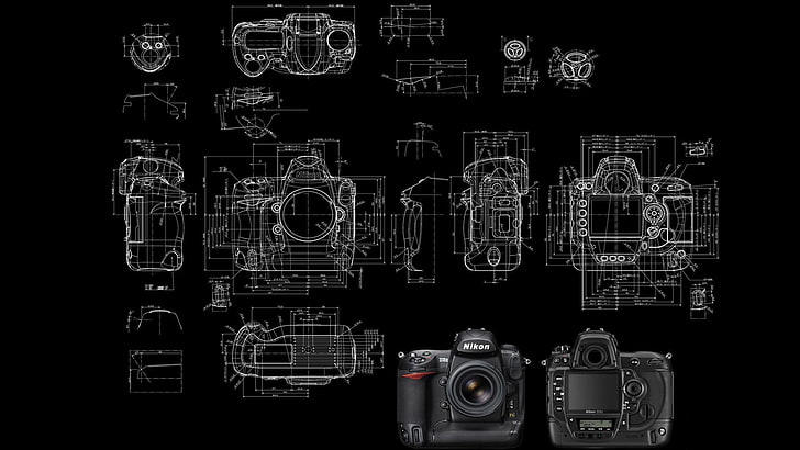 black DSLR camera, diagrams, schematic, Nikon, technology, black background, HD wallpaper