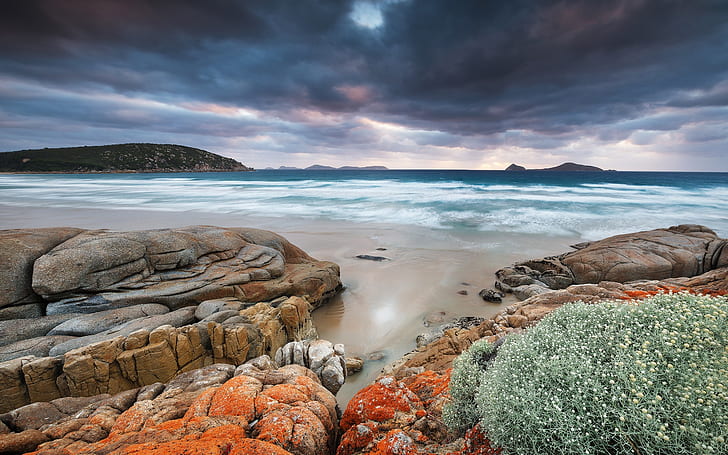 Australia, Wilsons Promontory, Whiskey Bay, sea, coast, rocks, gray and orange stone and body of water, HD wallpaper