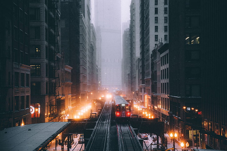 gray concrete high-rise buildings, Chicago, railway, snow, train