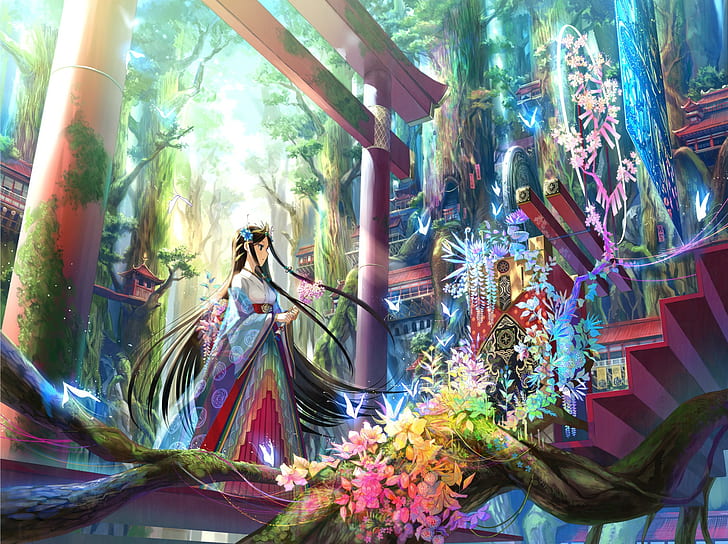 hair ornament, miko, forest, fantasy girl, black hair, lotus flowers