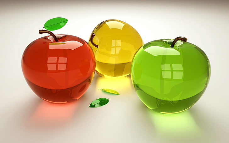red, yellow, and green glass apples illustration, 3d, fruit, green Color