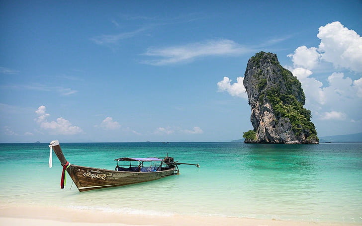 Nature, Landscape, Rock, Island, Boat, Sea, Thailand, Tropical, Beach, Water, Calm, HD wallpaper