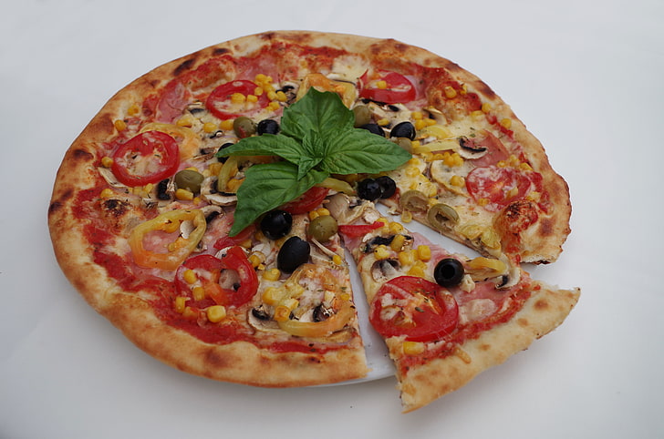 pizza with pepporoni, pastries, olives, basil, cheese, food, tomato
