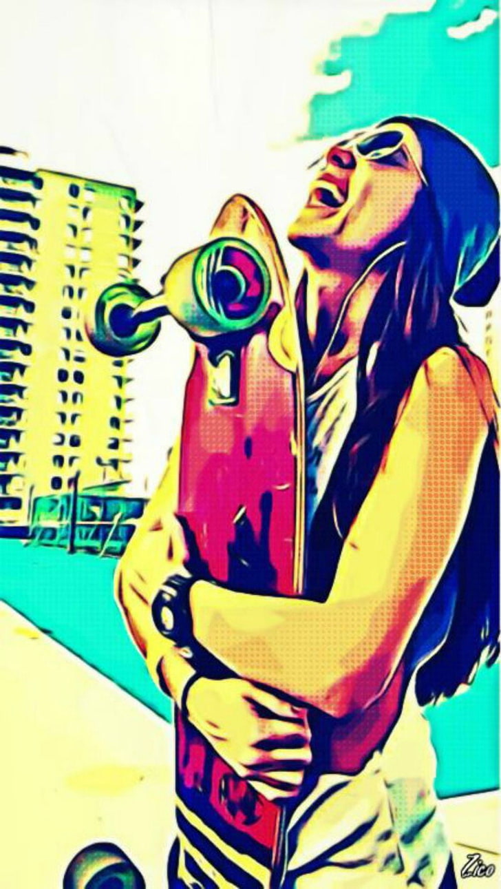 red skateboard, women, digital art, cartoon, happy face, happiness, HD wallpaper