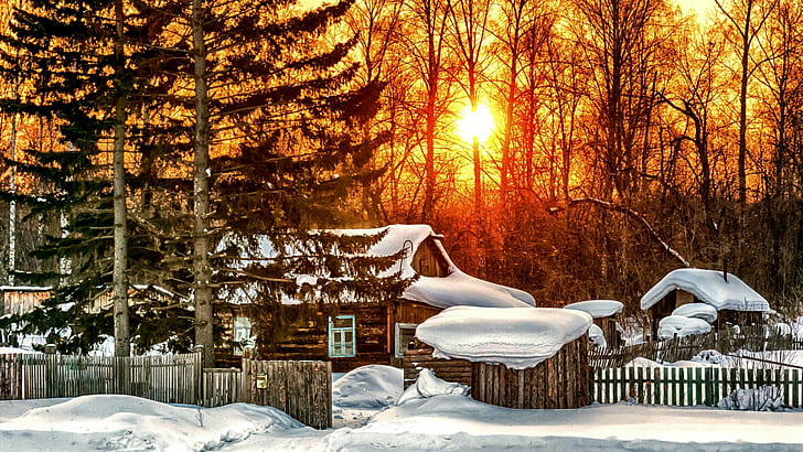 winter, snowy, log cabin, sunset, nature, tree, house, pine, HD wallpaper
