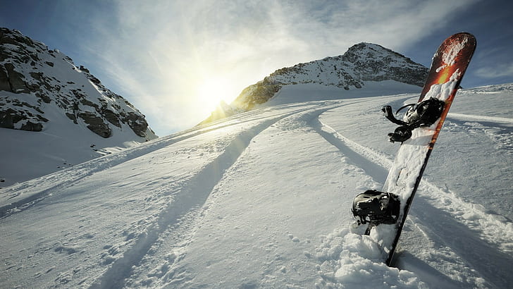 winter, snowboard, Sun, mountains