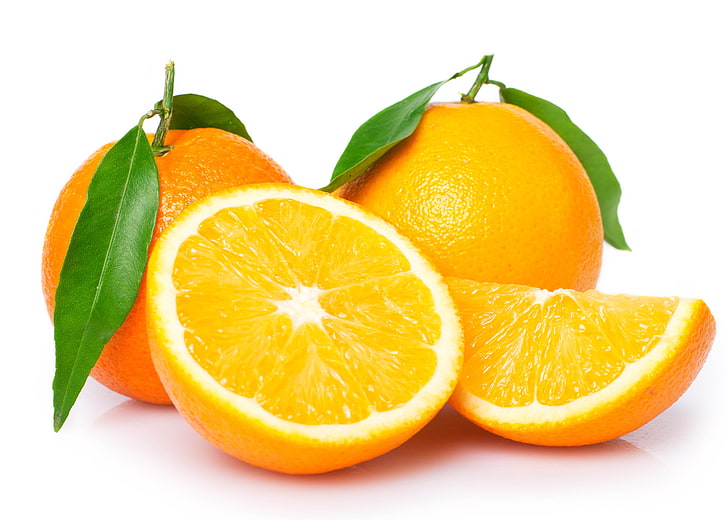 three orange fruits, oranges, cut, slice, leaves, citrus Fruit, HD wallpaper