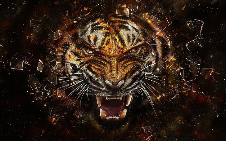tiger, abstract, animals, digital art, shattered, artwork, roar