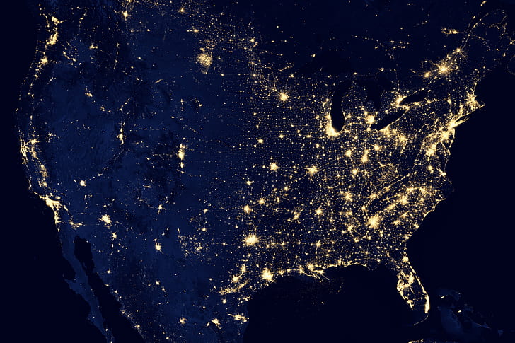 satellite view, USA, night, illuminated, no people, nature, sky