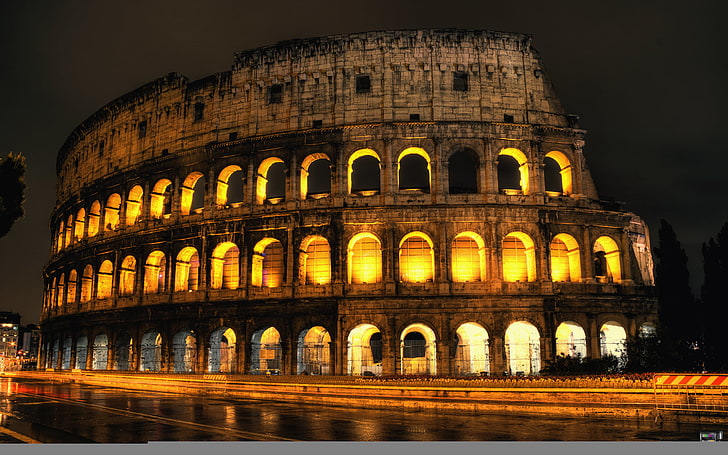 Colosseum, Rome, road, night, lights, backlight, Italy, condezine