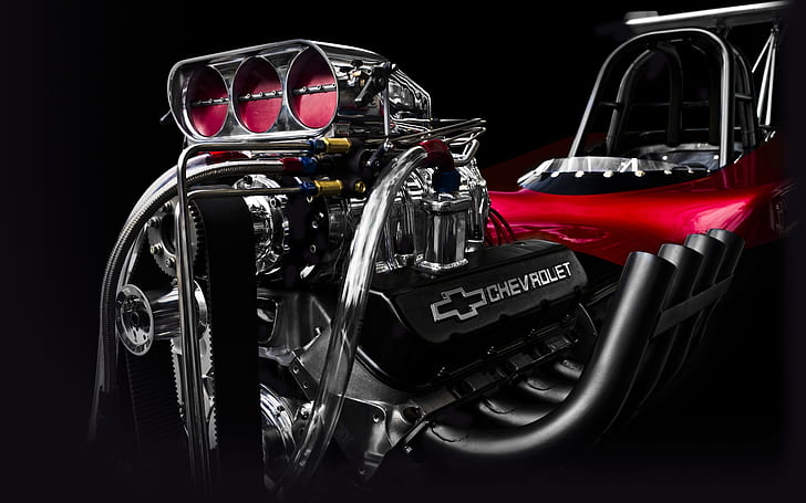 Chevrolet Engine, red black and chrome chevrolet car engine with 3 valve turbocharger, HD wallpaper
