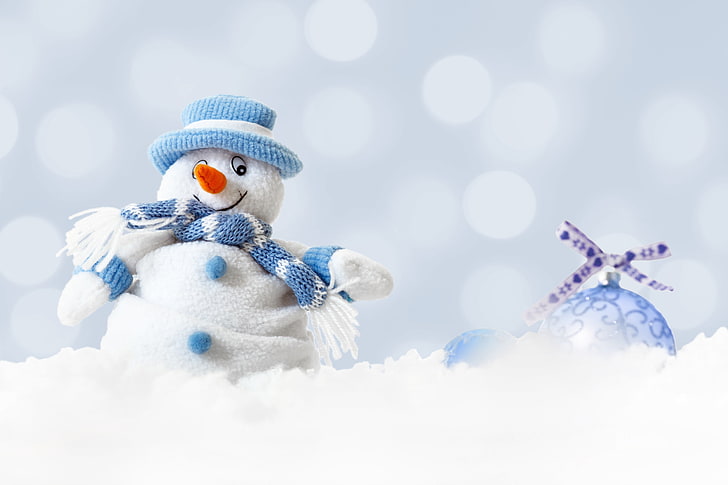 snowman plush toy, winter, New Year, Christmas, Merry Christmas, HD wallpaper