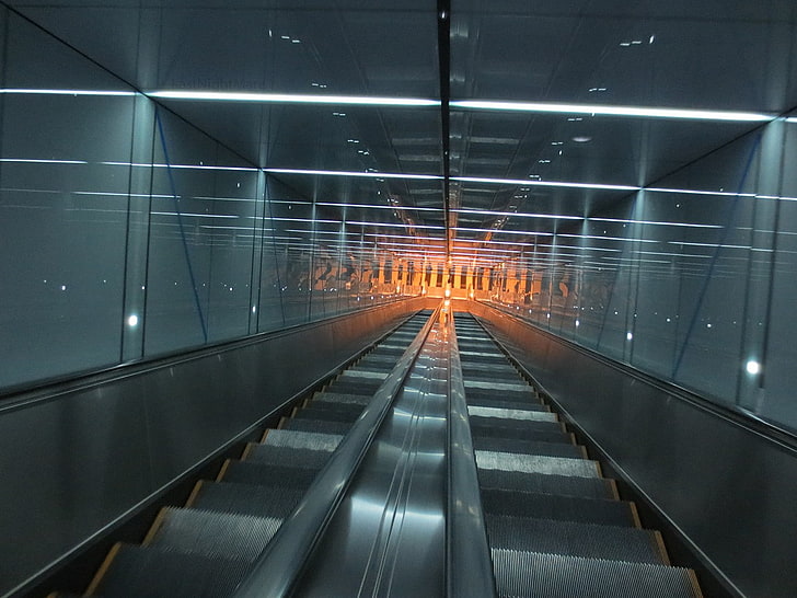 escalator, architecture, the way forward, direction, illuminated, HD wallpaper