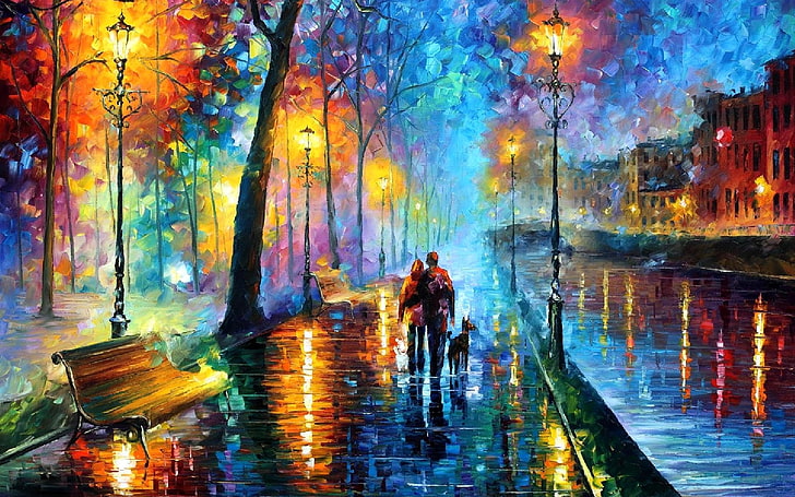 couple with dog on park painting, Leonid Afremov, bench, water, HD wallpaper