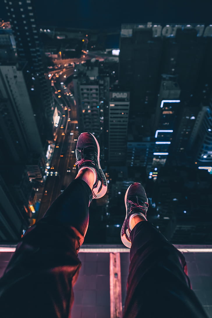night, architecture, legs in the air, building, nightscape, HD wallpaper
