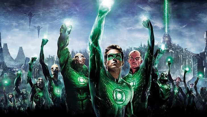 Green Lantern illustration, green color, portrait, group of people