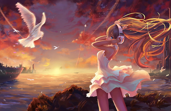 Hatsune Miku, sunset, headphones, white dress, ship, birds
