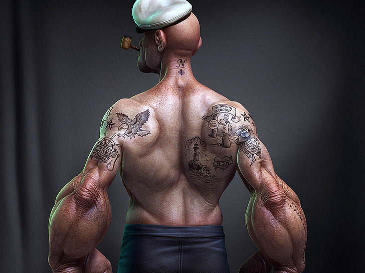 Popeye, tattoo, muscular build, strength, shirtless, healthy lifestyle