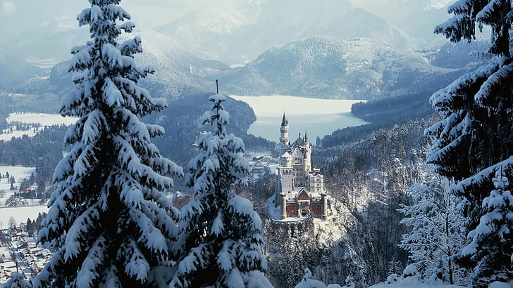 winter, castle, lake, Neuschwanstein Castle, cold temperature, HD wallpaper
