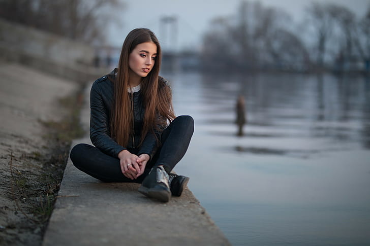 women, Dmitry Sn, sitting, river, shoes, long hair, leather jackets