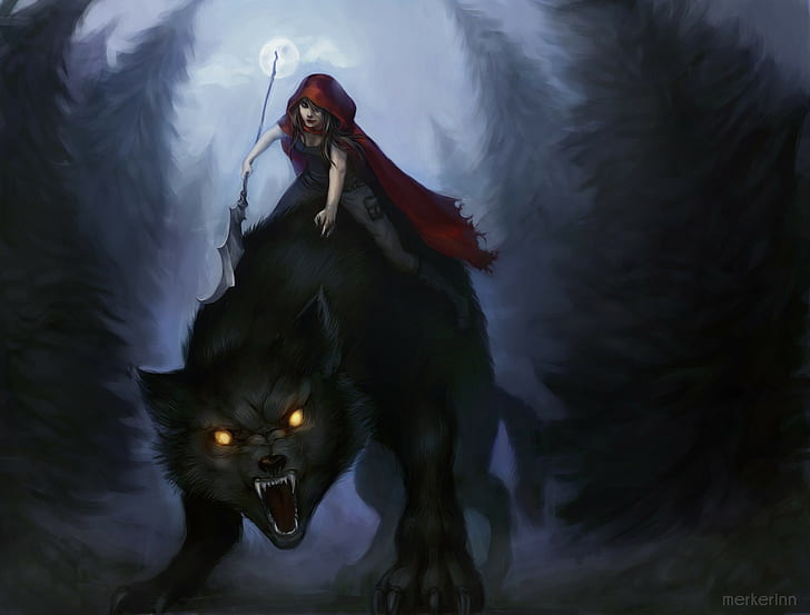 fantasy art, Red Riding Hood, fairy tale, creature, yellow eyes
